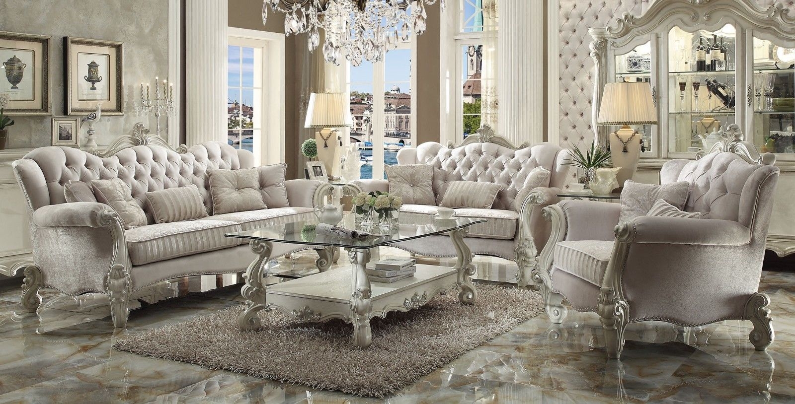 Sofa: Versailles Bone White Sofa with Ornate Carvings