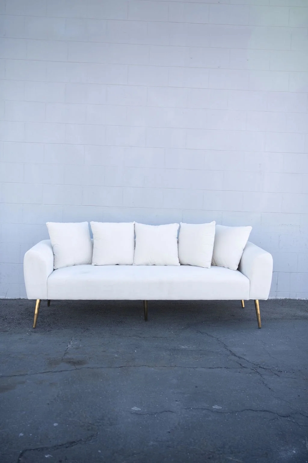 Sofa: White Velvet Lounge Sofa with Five Back Cushions