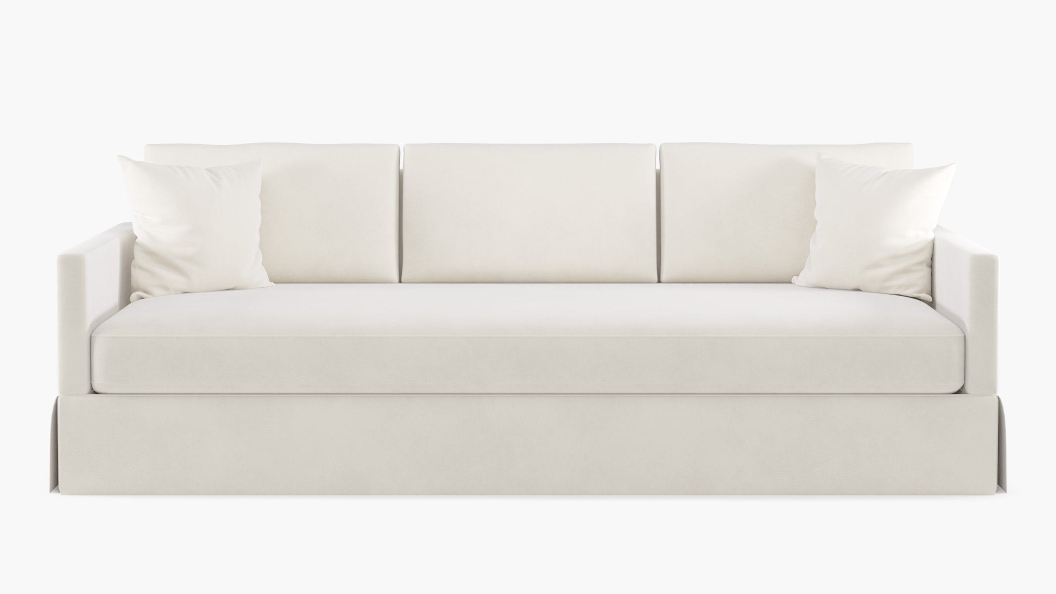 Sofa: White Velvet Skirted Sofa with Track Arm Base