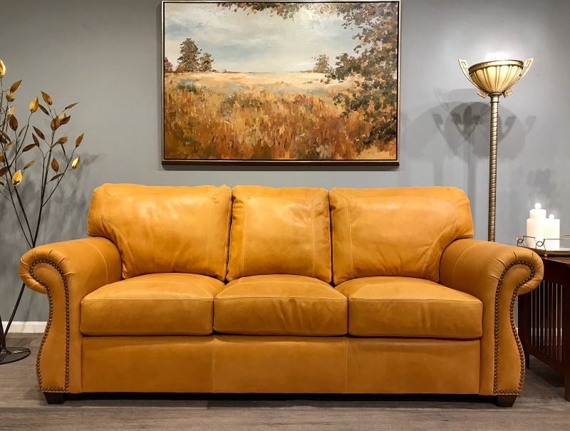 Sofa with Amber Yellow Leather and Rolled Arms