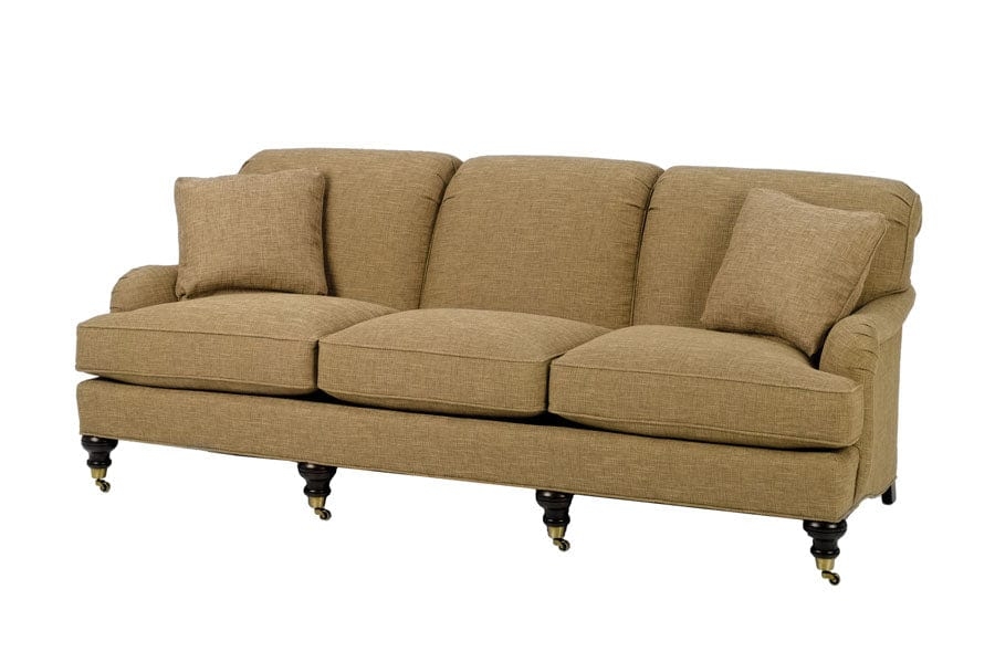 Sofa with Brass Casters and Mustard Tan English Roll Arm