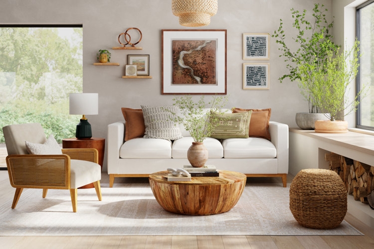 Sofa with Cane Accent Chair and wood drum coffee table styling.