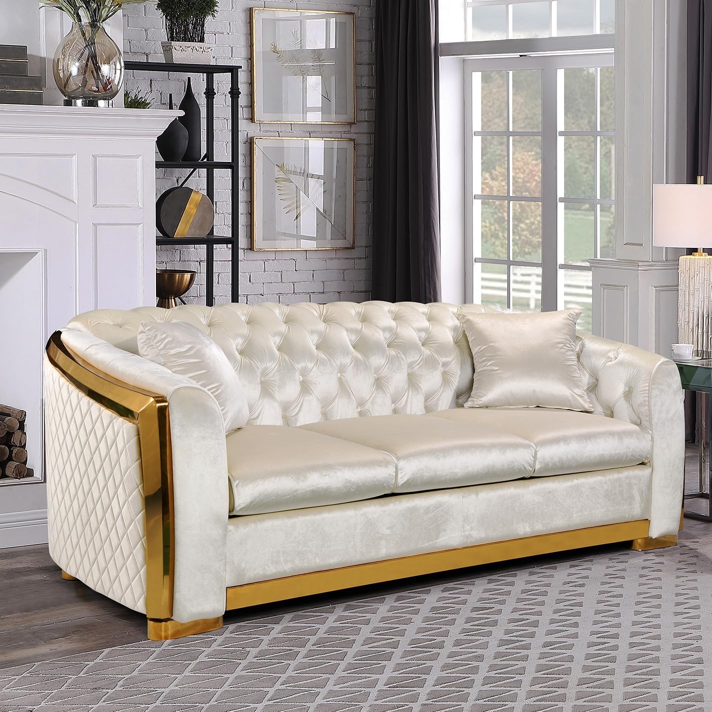 Sofa with Diamond Quilted Sides and Cream Glam Couch