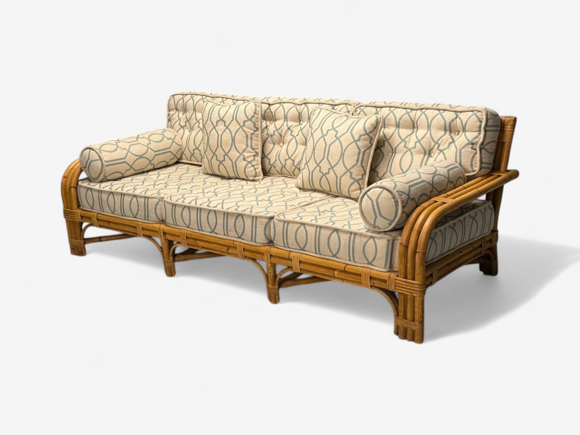 Sofa with Geometric Trellis Fabric: Luxury Bamboo Daybed