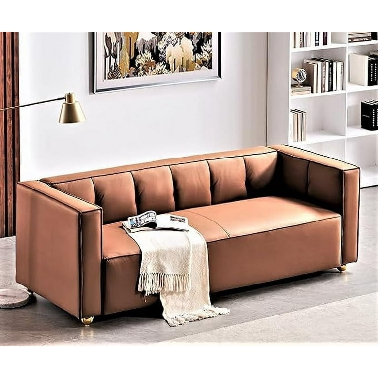 Sofa with Gold Ball Feet and Cognac Channel Tufted Back