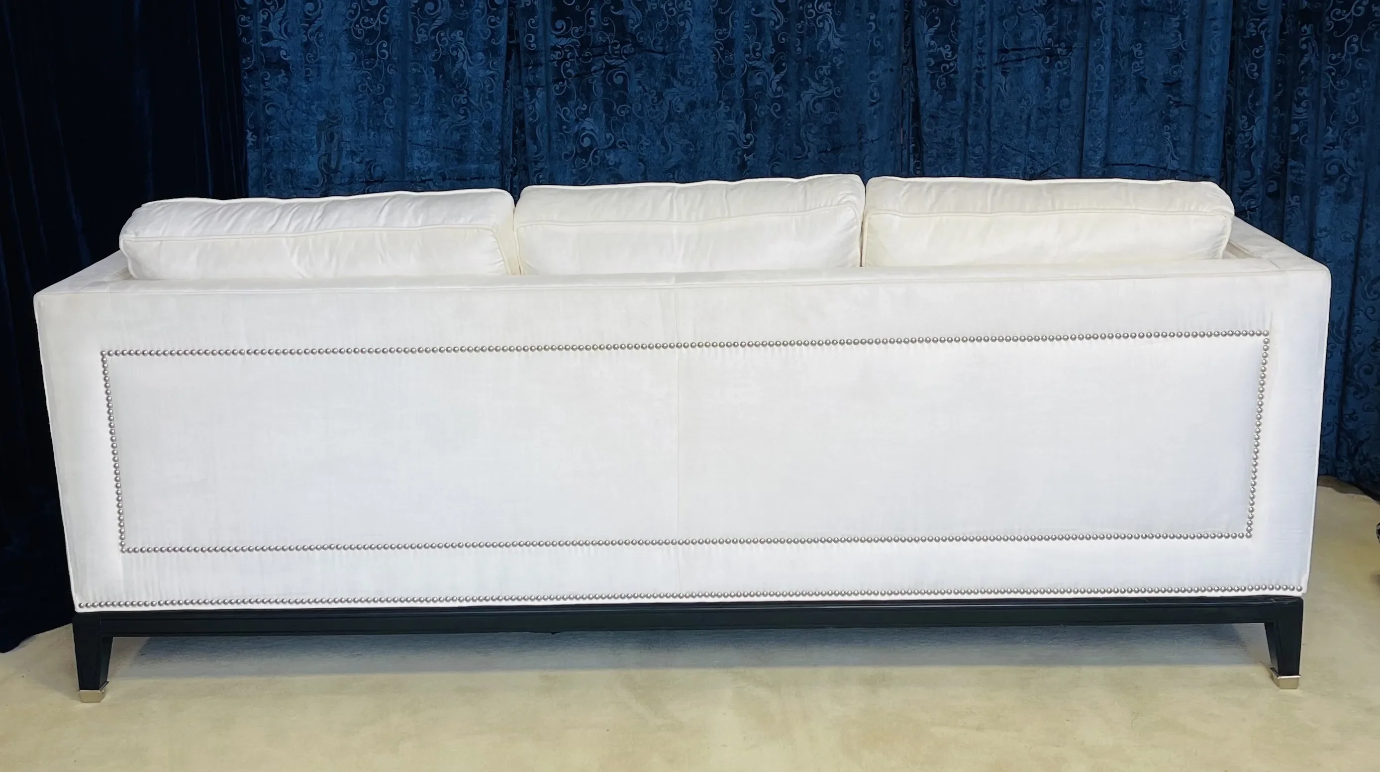 Sofa with Metal Capped Feet and Velvet Tuxedo Couch