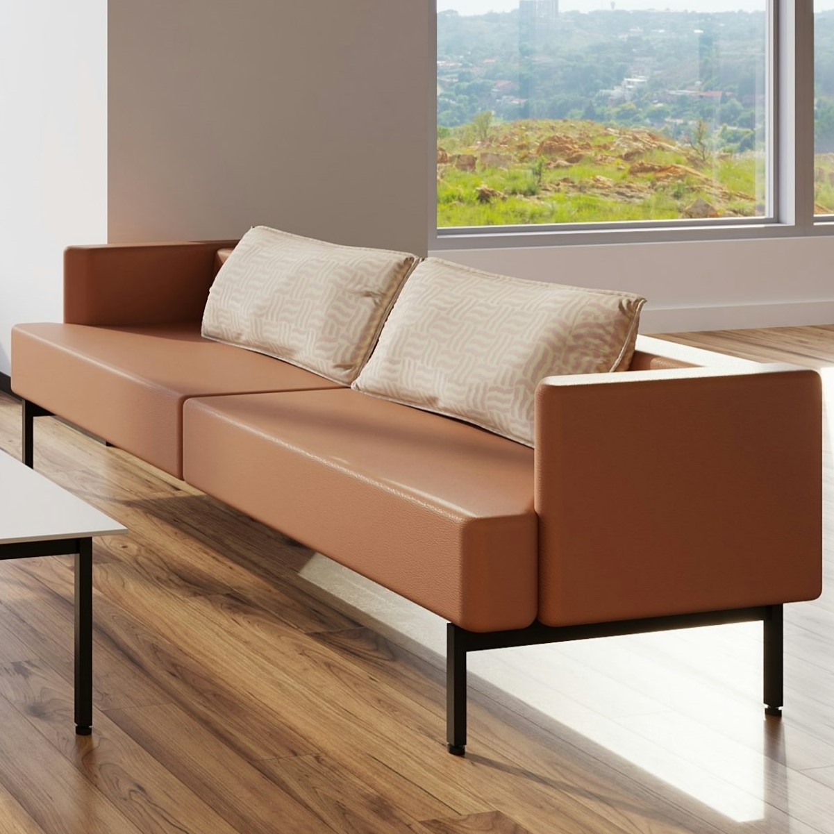 Sofa with Patterned Back Pillows and Cognac Tan Texture