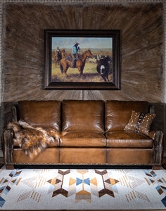 Sofa with Sunburst Wall Backdrop for Western Leather Ranch Sofa