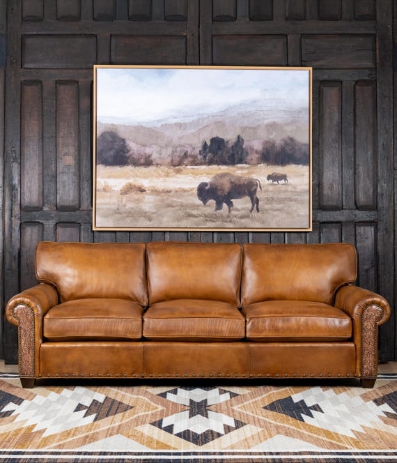 Sofa with Tooled Leather Accents in Ranch Style Living Room