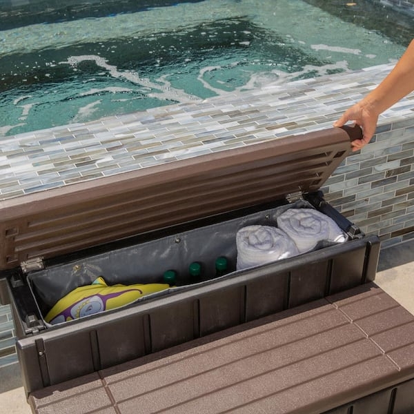 Spa Steps With Integrated Storage and Wood Grain Resin Treads