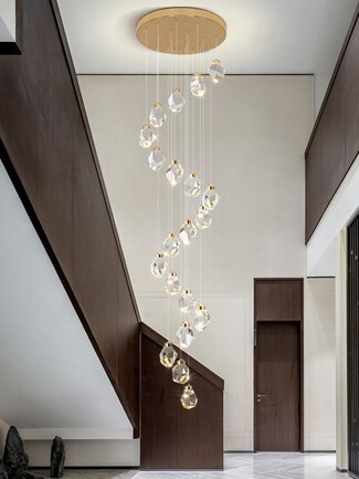 Spiral Chandelier Faceted Geometry Warm Gold Luxury Stairwell Light