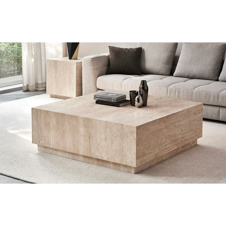 Square Coffee Table Beige Travertine Stone Plinth Table