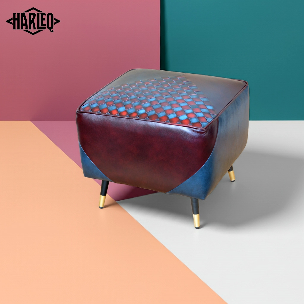 Square Ottoman: Brass Capped Legs Checkered Leather Ottoman