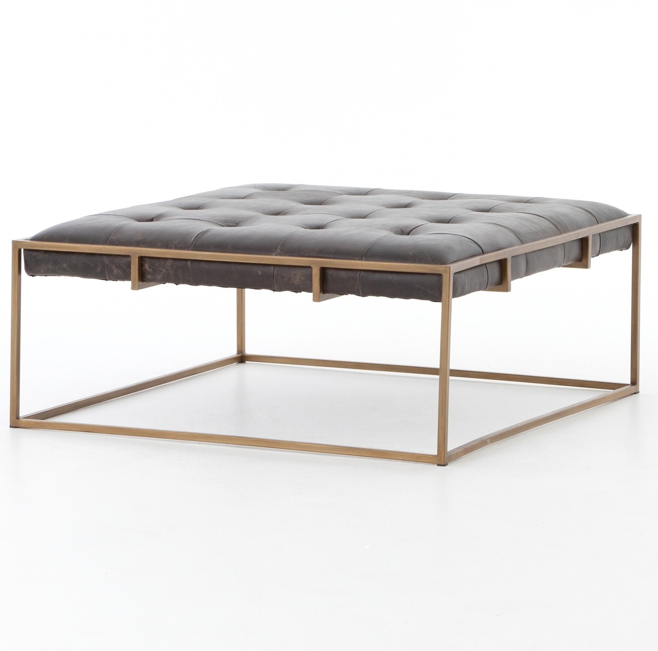Square Ottoman: Charcoal Black Tufted Leather Brass Base