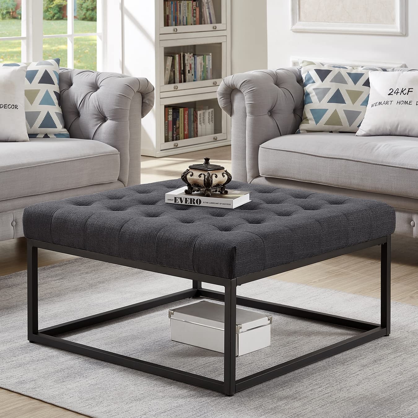 Square Ottoman Coffee Table: Charcoal Grey and Matte Black