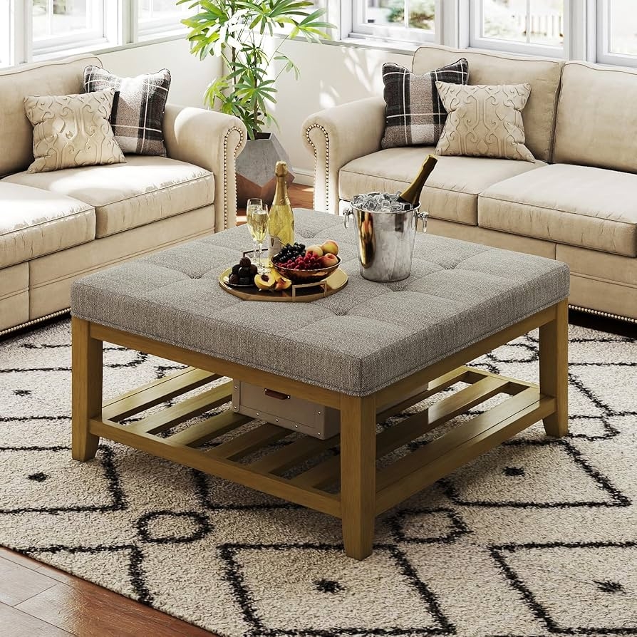 Square Ottoman: Heather Grey with Slatted Wood Shelf