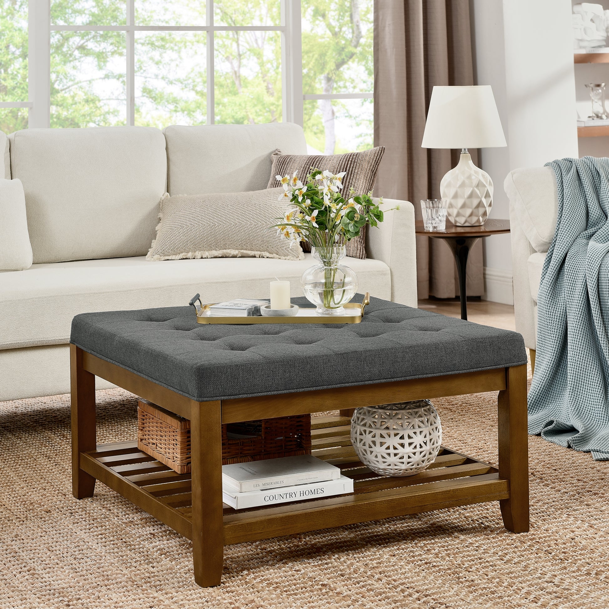 Square Ottoman Table: Charcoal Fabric Top and Slatted Shelf
