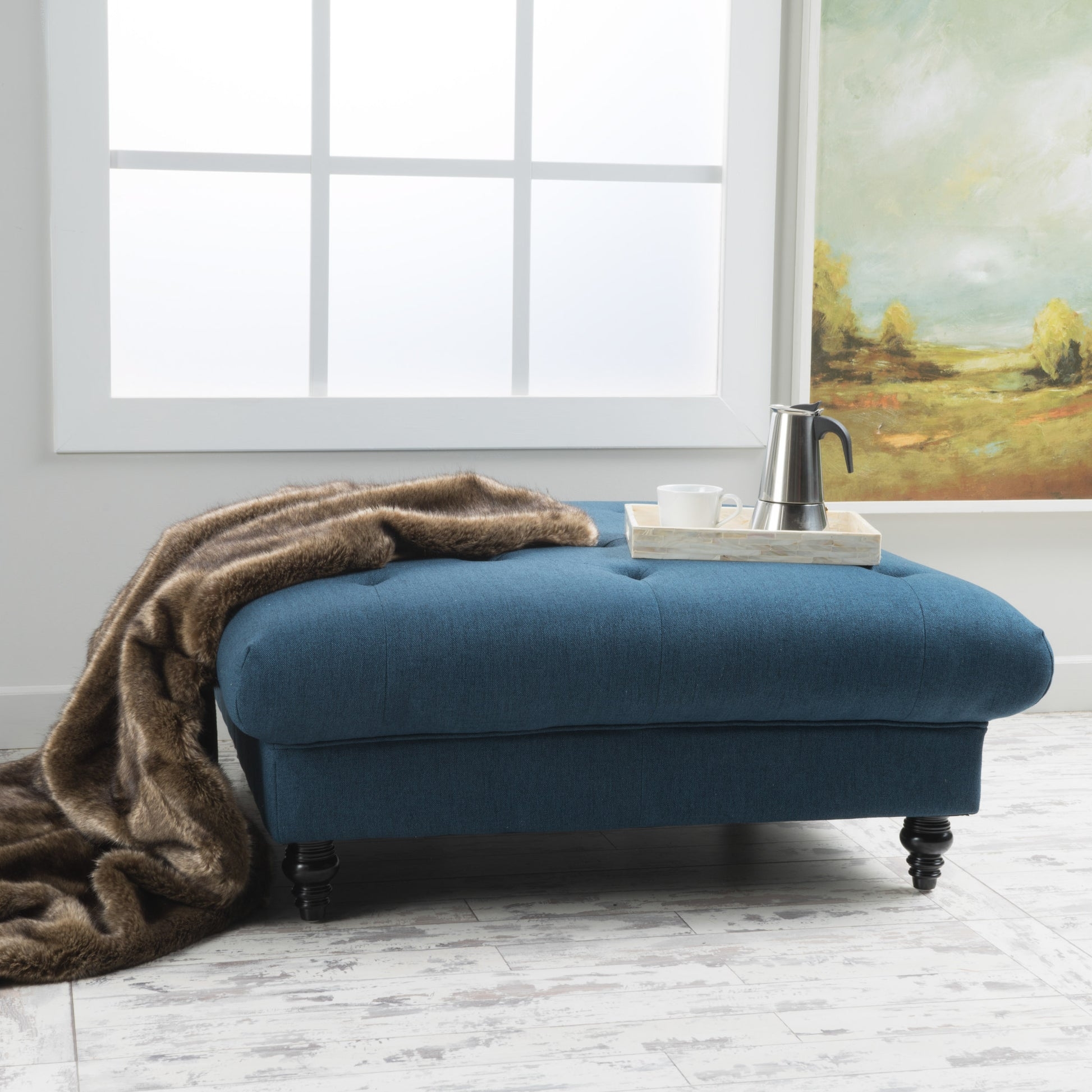 Square Ottoman: Vapor Blue Deep Button Tufted Parisian Chic