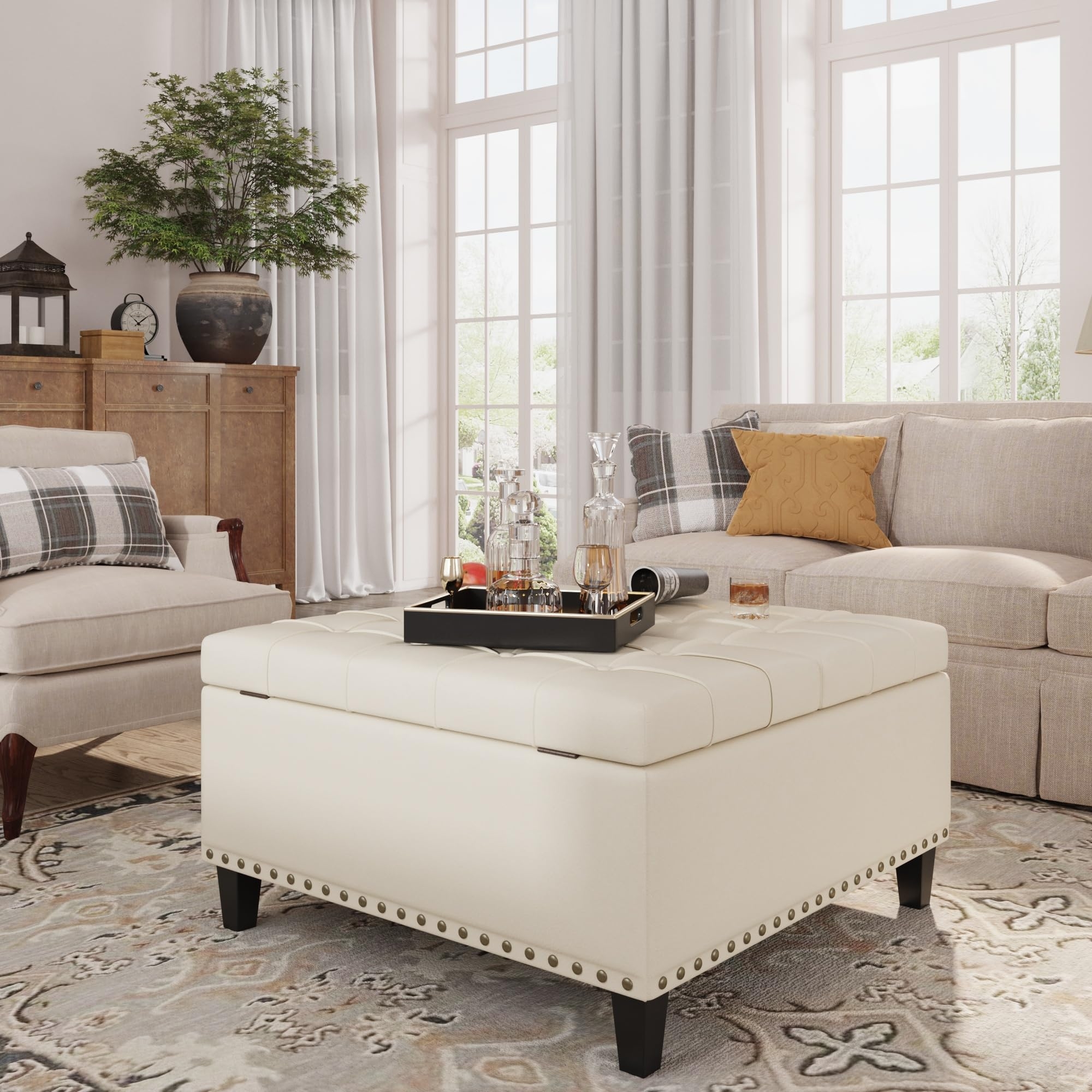 Square Storage Ottoman: Ivory White with Lift Top Storage