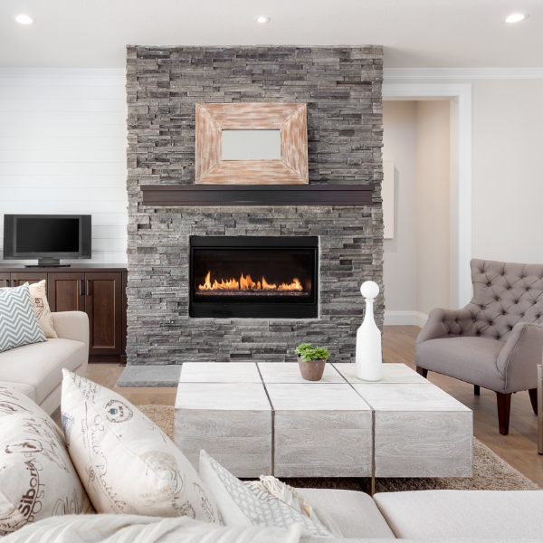 Stacked Stone Fireplace Slate Blue Hues and Modern Gas Insert