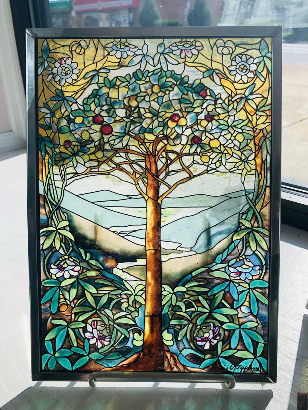 Stained Glass Art Leaded Floral Border Mountain