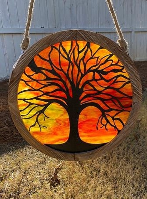 Stained Glass Art Tree Silhouette Sunset Glass