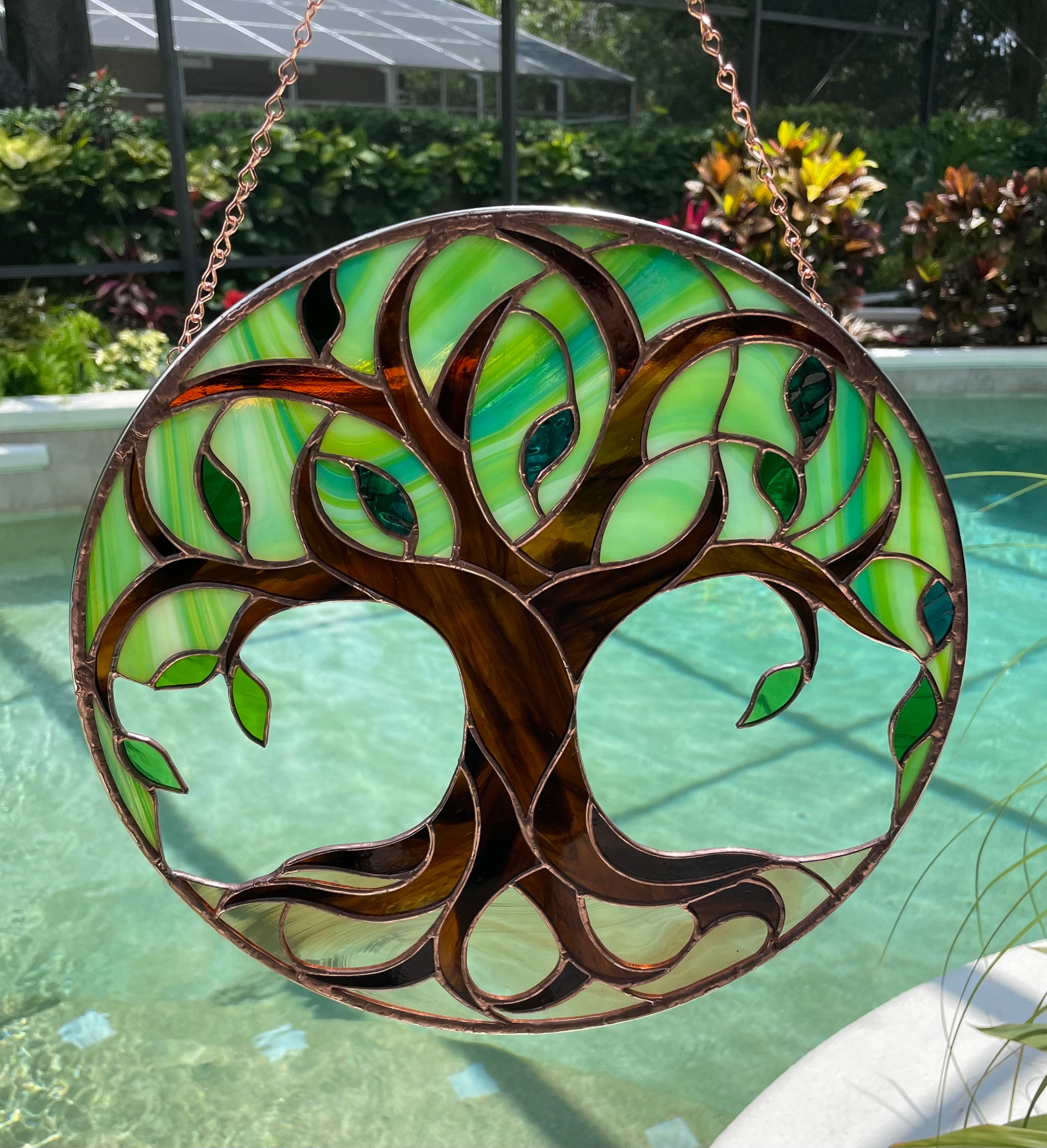 Stained Glass Suncatcher Marbled Green Glass Art