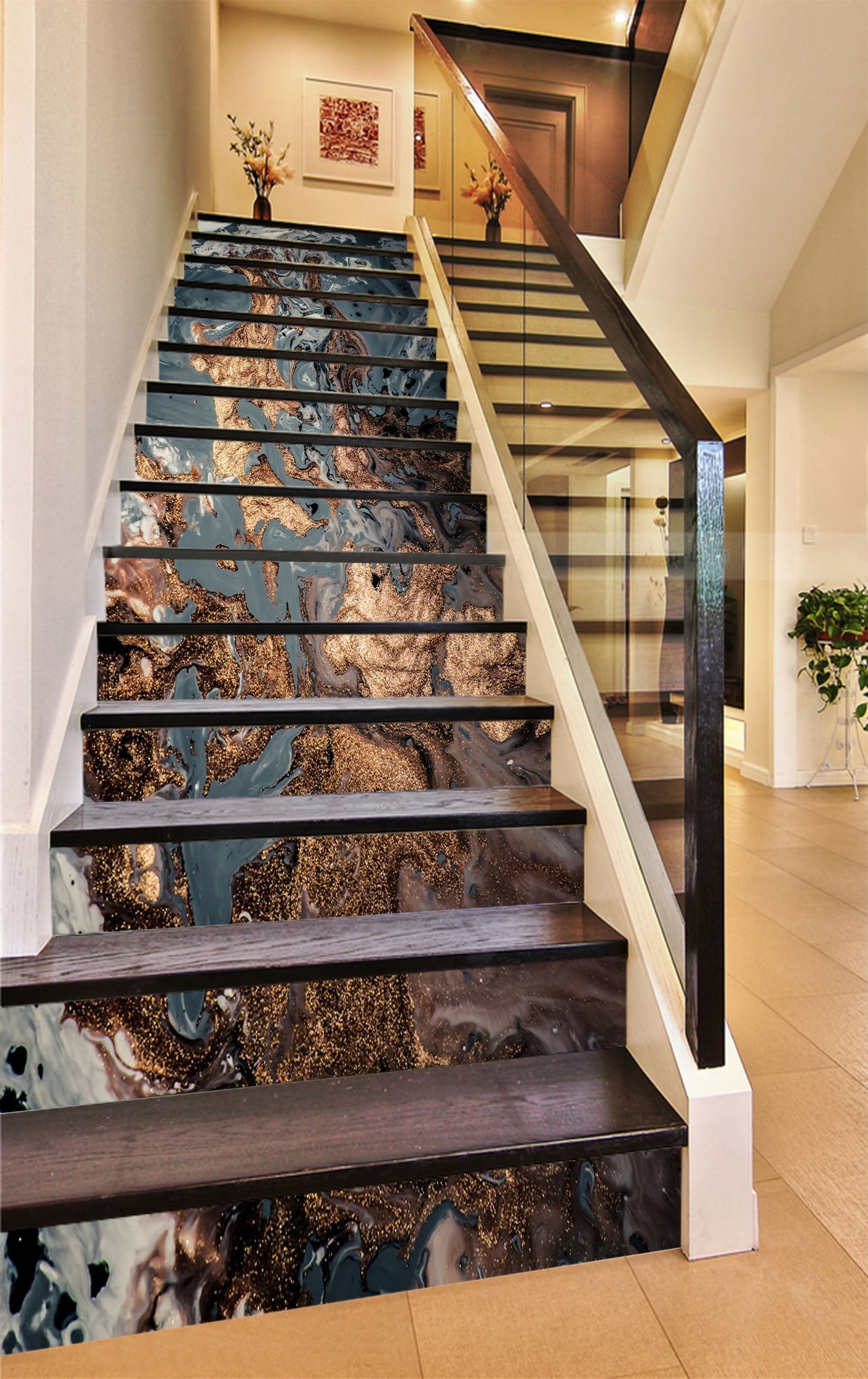Stair Risers With Marbled Riser Art: Blue Gold Stair Decor