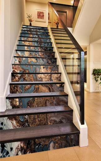 Stair Risers With Marbled Riser Art: Blue Gold Stair Decor