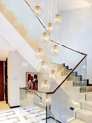 Staircase Chandelier 10 Glass Globes Amber Tint Luxury Stairwell Light