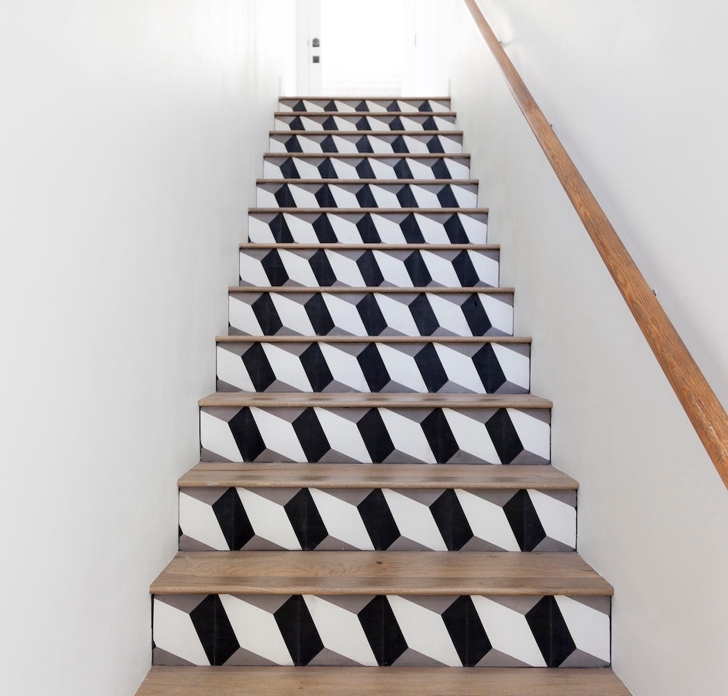 Staircase With 3D Cube Risers: Graphic 3D Cube Tile Stairs