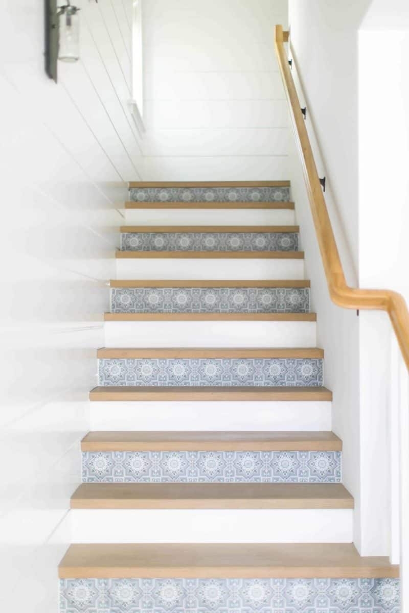 Staircase With Alternating Patterned Risers: Coastal Stair Design
