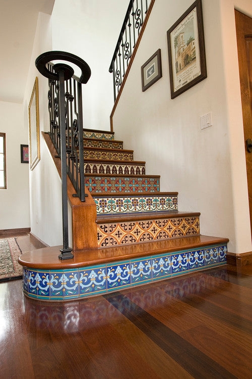 Staircase With Wrought Iron Railing: Mediterranean Tile Stairs