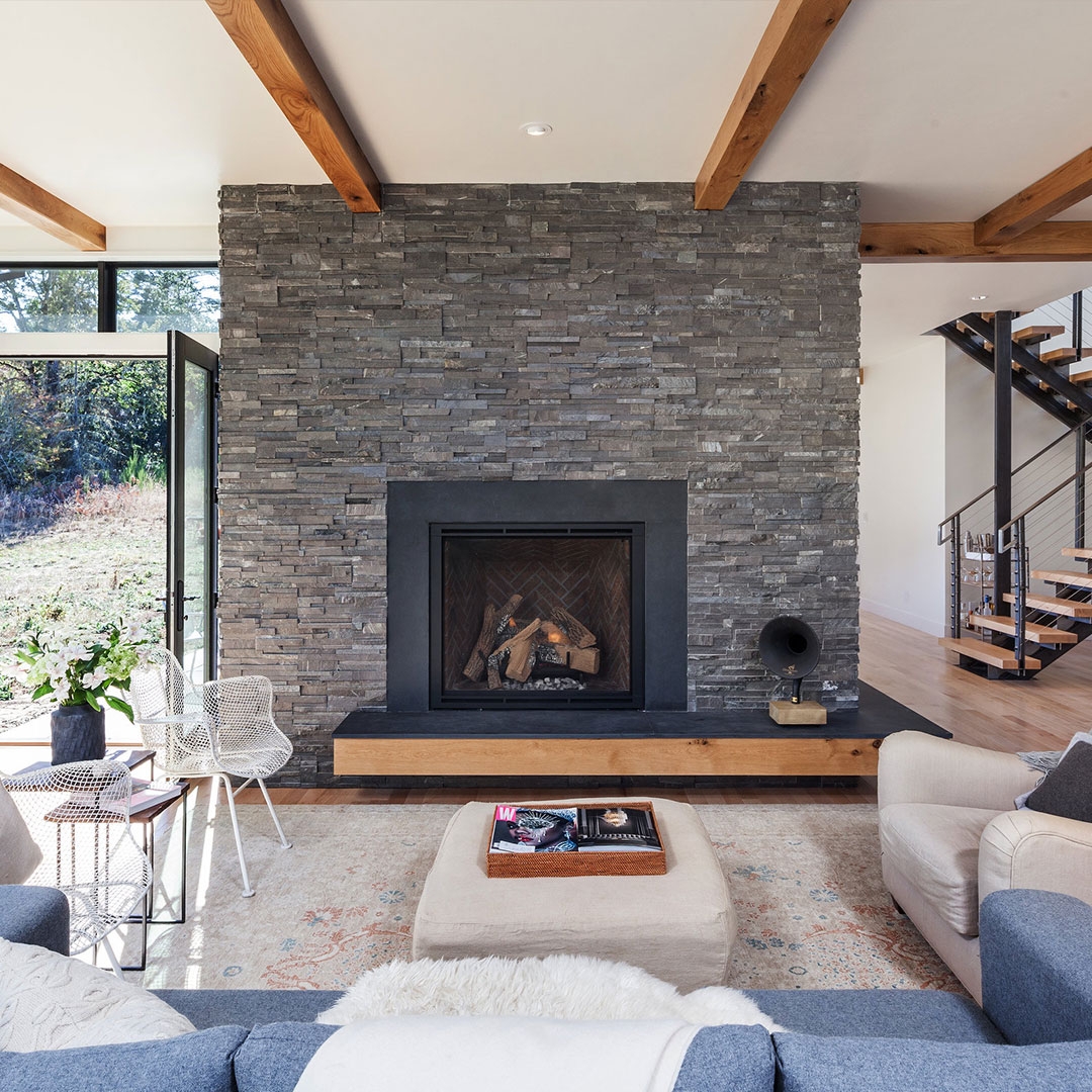 Stone Fireplace Floating Timber Bench Exposed Beams Design