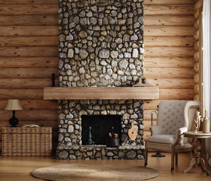 Stone Fireplace Tufted Wingback Chair Log Cabin Interiors