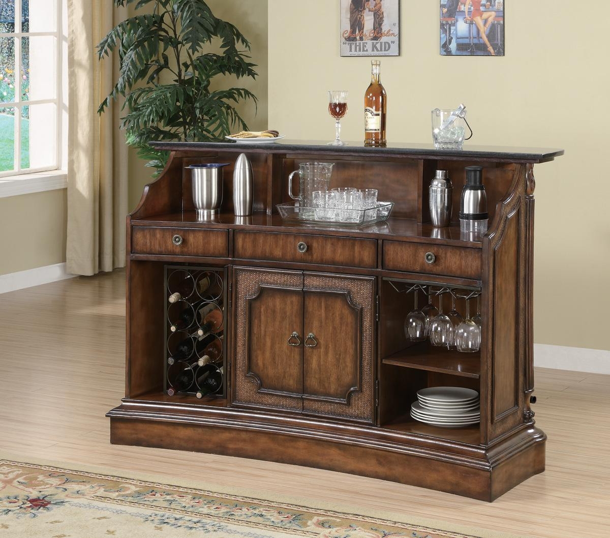 Storage Bar Unit with Textured Cabinet Fronts and Wine Rack