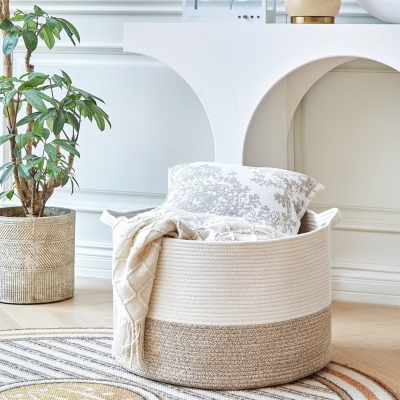 Storage Basket Coiled Design Two-Tone Rope Cotton Hamper