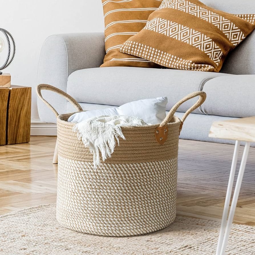 Storage Basket Leather Like Accents Two-Tone Boho Solution
