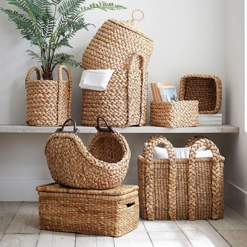 Storage Basket Wooden Grips Chunky Weave Decorative Lidded Bins