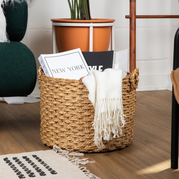 Storage Basket Woven Handles Thick Weave Rattan Floor Organizer