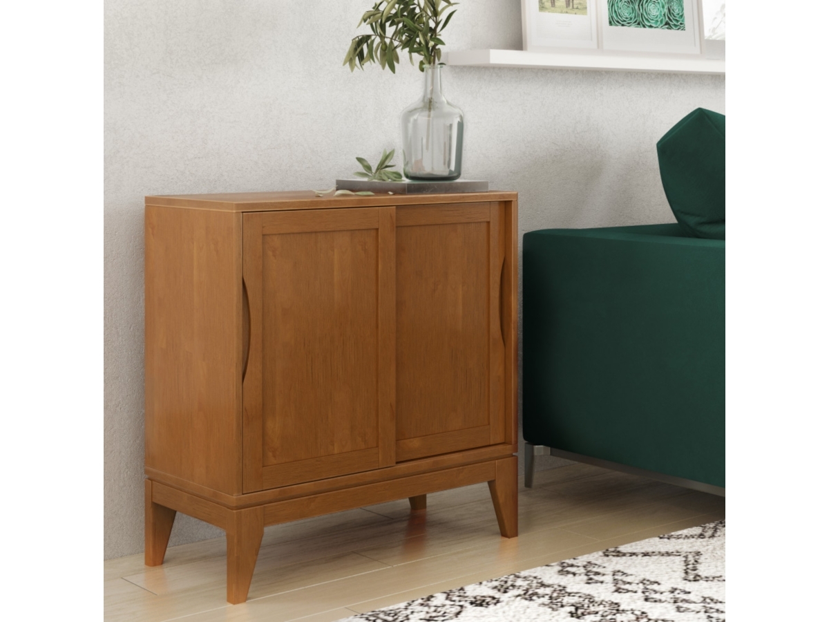 Storage Cabinet: Teak Brown Wood Sliding Door Side Unit