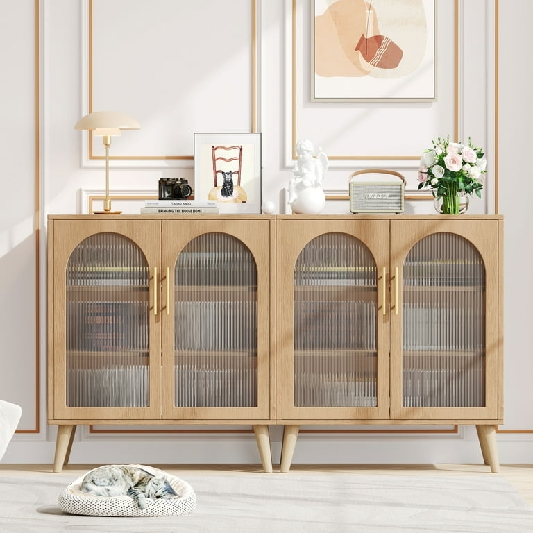 Storage Cabinet with Arched Doors in Light Oak Finish