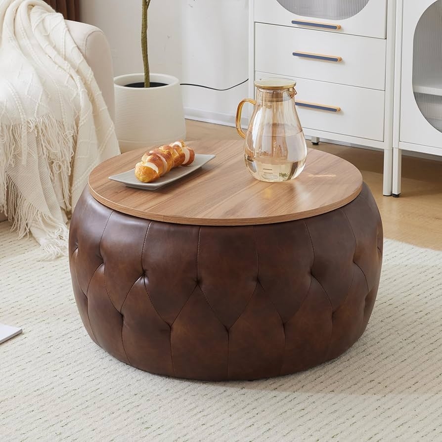 Storage Ottoman: Chocolate Round Table with Wood Toned Lid