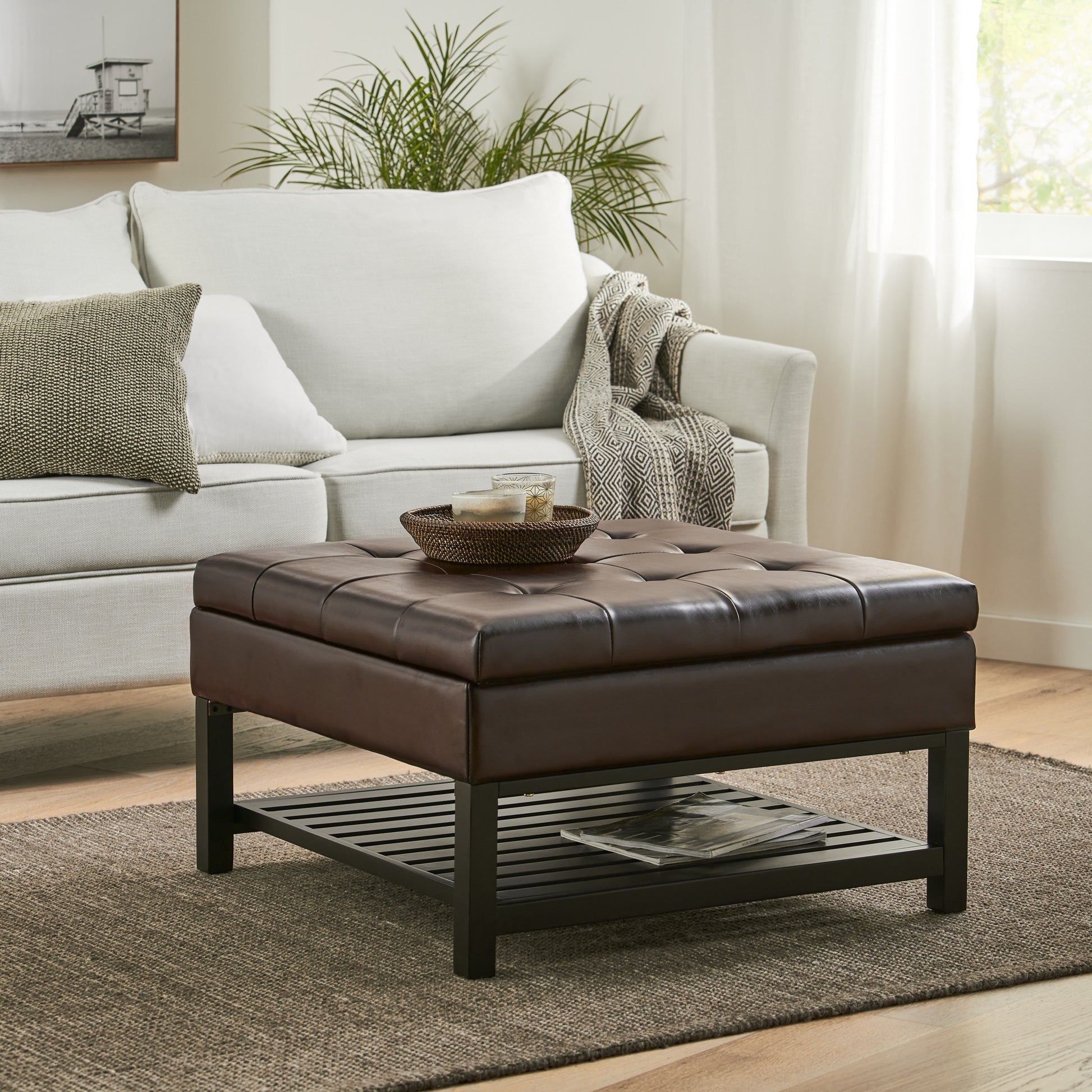 Storage Ottoman: Espresso Brown Square with Slatted Shelf