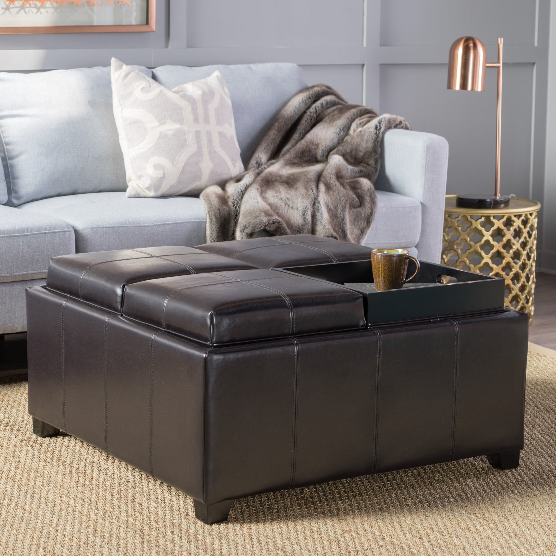 Storage Ottoman: Espresso Leather 4-Tray Top Reversible