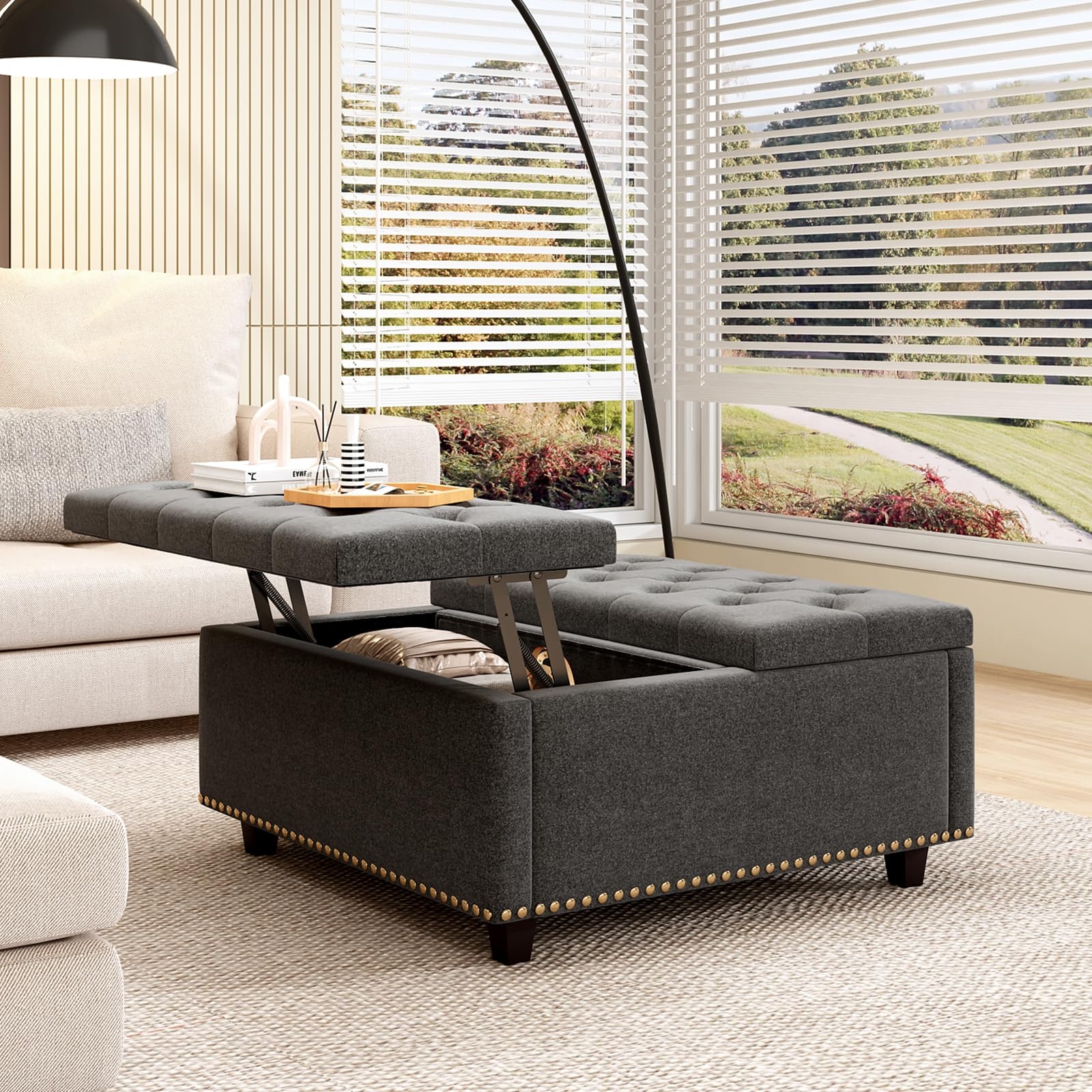 Storage Ottoman Lift Top Lid Nailhead Trim Furniture