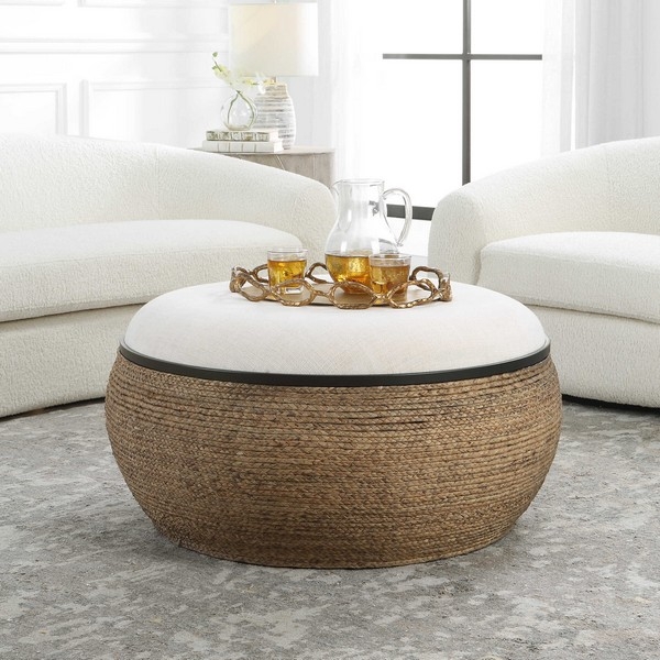 Storage Ottoman: Metal Collar Detail Woven Straw Coffee Table