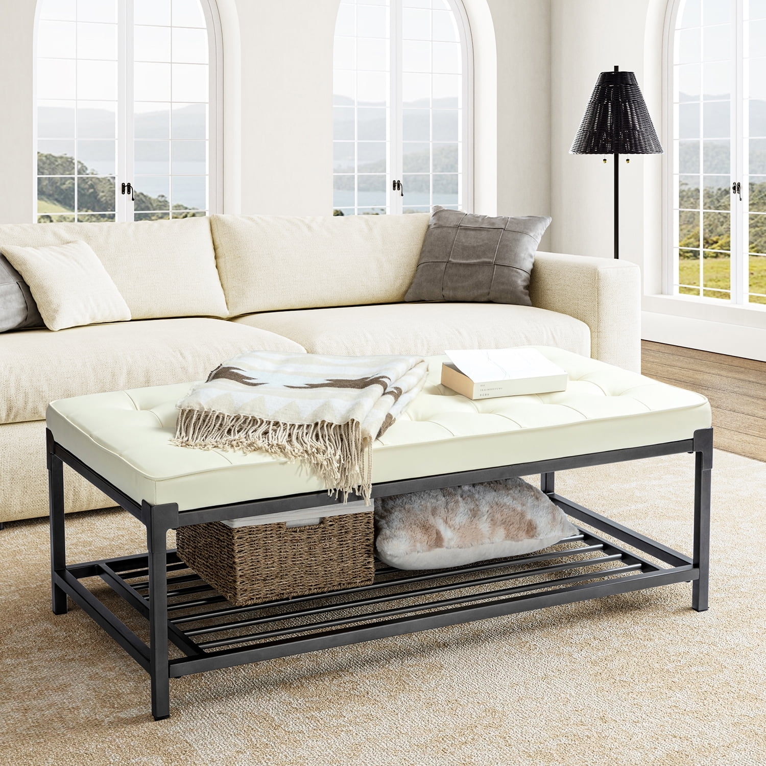 Storage Ottoman: Off-White Tufted Top with Slatted Shelf