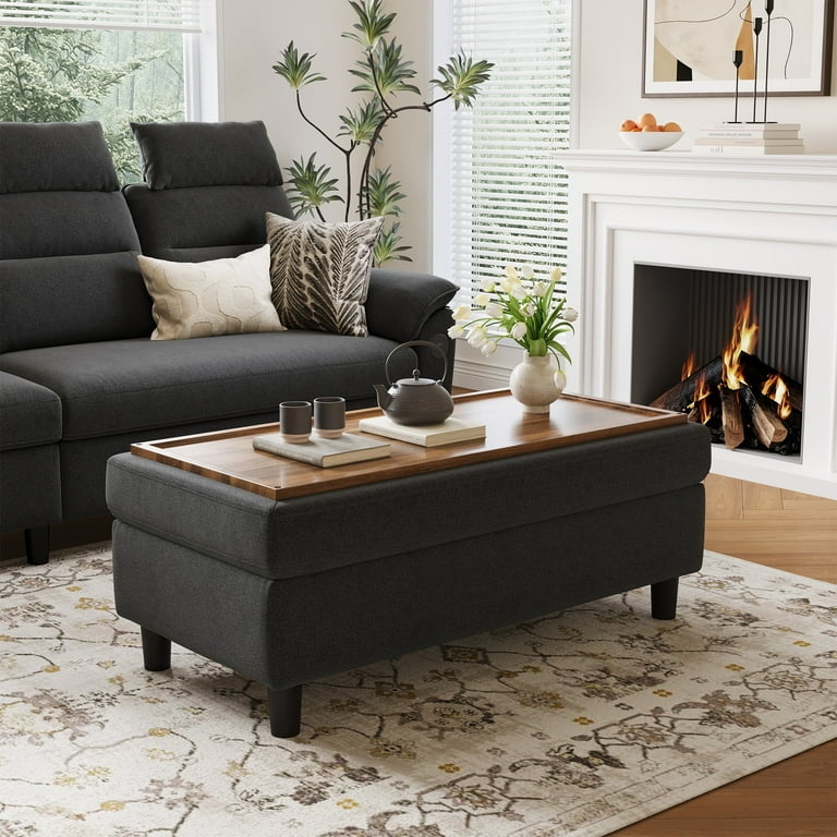 Storage Ottoman Removable Tray Dark Gray Cocktail Table
