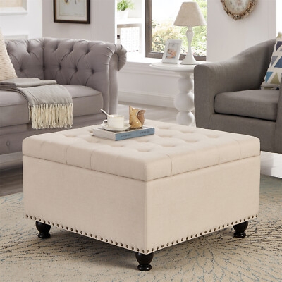 Storage Ottoman: Square Cream Fabric with Nailhead Trim